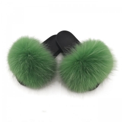 Flash Sale lovely fluffy green raccoon fur slides, green fur slipper for ladies