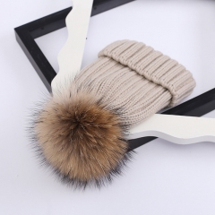 Winter Soft Double Layer Warmer Natural Raccoon Fur Pompom Ball Beanie Hat Pom Pom Detachable Hand Knitted Hats