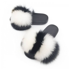 black and white strip big fur fox fur slides