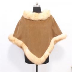 Elegant Camel Real Fox Fur Trim Poncho Cashmere Cape for Lady