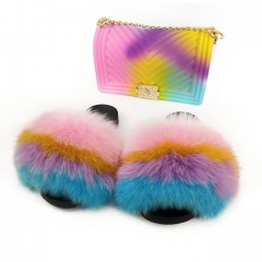 neon large fur slides with maching jelly purse