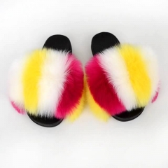 Vertical Strip Colourful Fluffy slippers Fox Fur slides