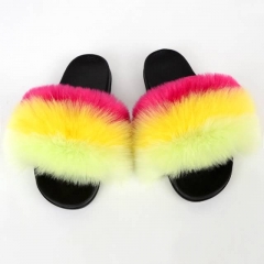 Horizontal Strip Fashion Fluffy Sandals Fox Fur flip flop