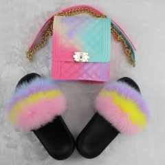 Neon Fox Fur Slippers with Matching Jelly Phone Bag Set