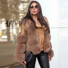 Women Real Leather Fox Fur Jacket Winter Bomber Jacket